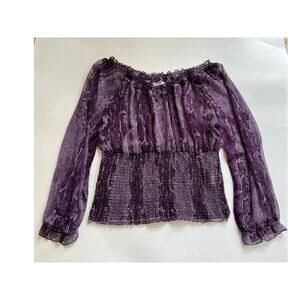 Purple Snakeskin Smocked Off Shoulder Blouse Womens Size 12 Y2K Fairy Grunge